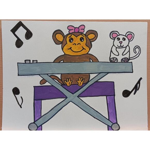 Monkey Playing Piano with Mouse: Fun Nursery Artwork on Watercolor Paper 9 x 12 - Picture 1 of 2